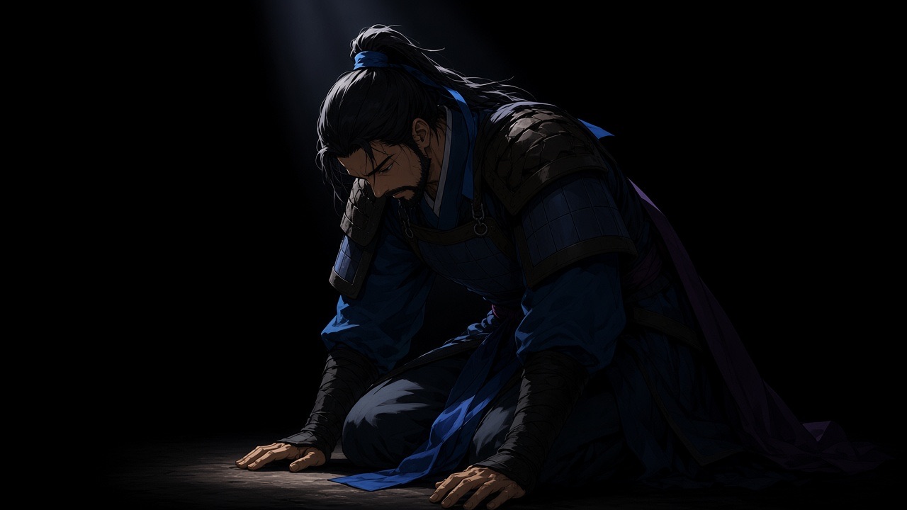 Kim Yushin kneeling in a black hall, both palms on the floor, head bowed.