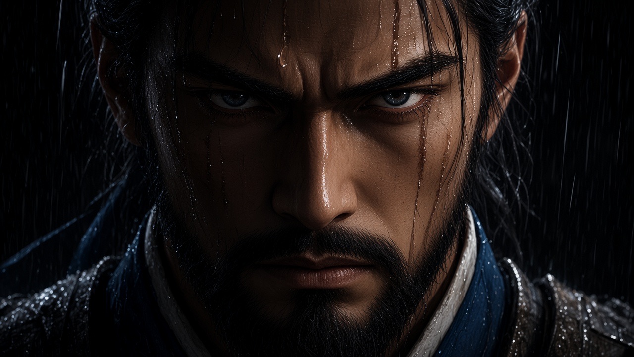 Marshal Kim Yushin's face in close-up, rain streaming down, eyes open and unflinching straight into the lens, mouth set hard after the last word of a vow, one drop…