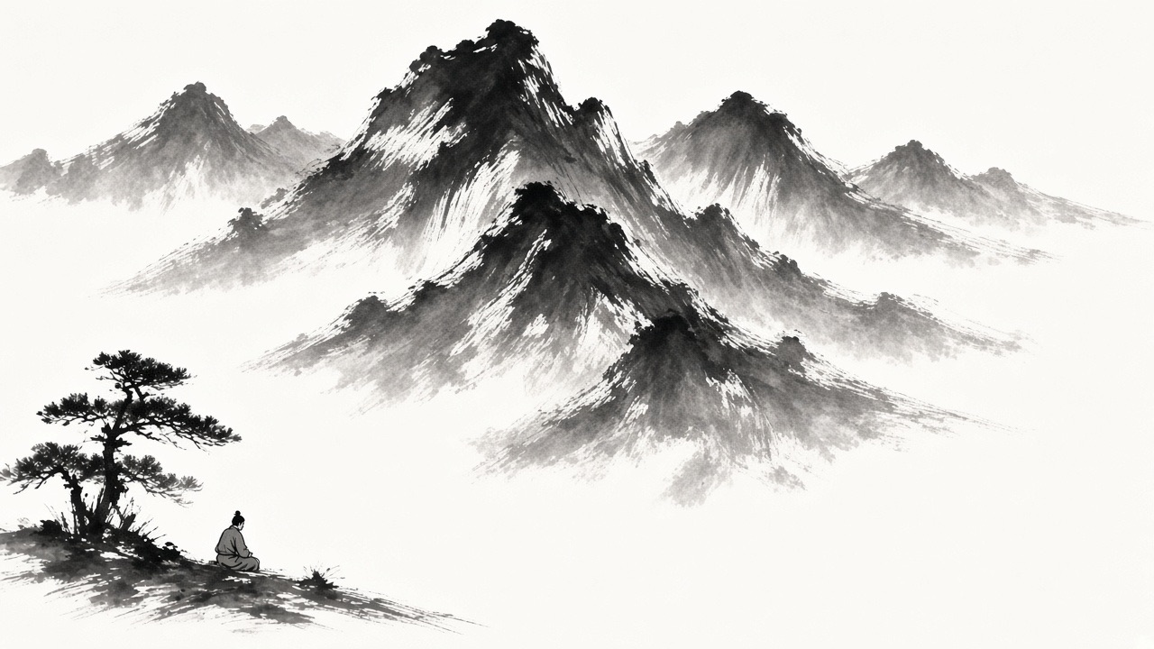 Mountains like a real ink landscape: overlapping wet black masses, dry brush ridges, flying white, mist as untouched white paper.