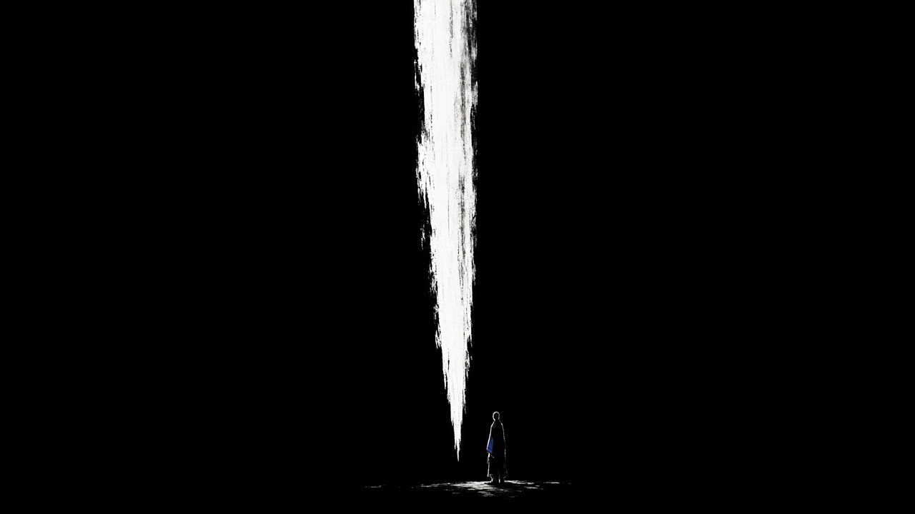 ONE long vertical white brushstroke from the top edge to near the bottom, a sword of paint, dry brush, black showing through the bristles.