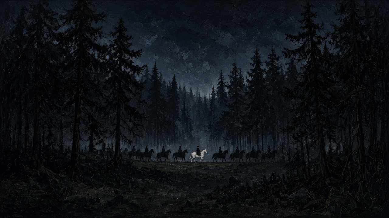 A column of cavalry is tiny black silhouettes.