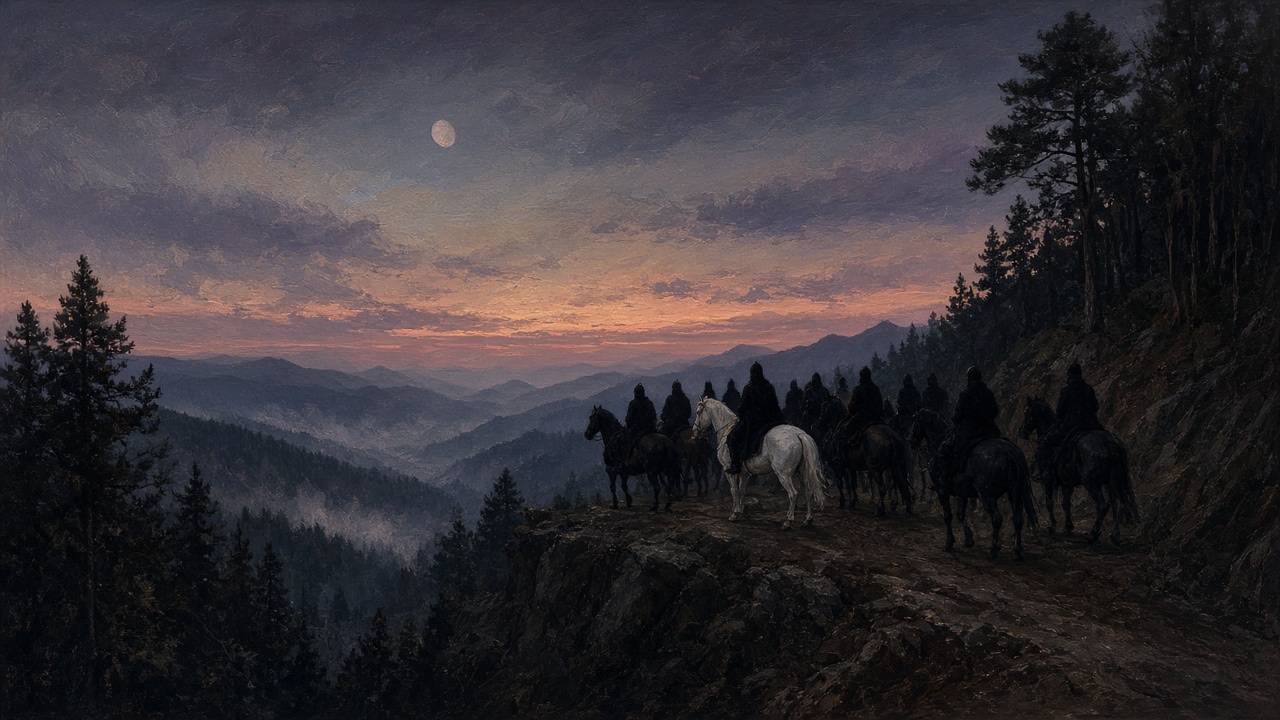 Dusk forest road, seen from a ridge, figures small.