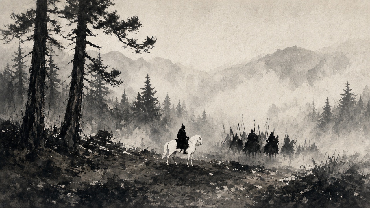 A white horse and silhouetted general cross a dark clearing, small in the frame, lower third.