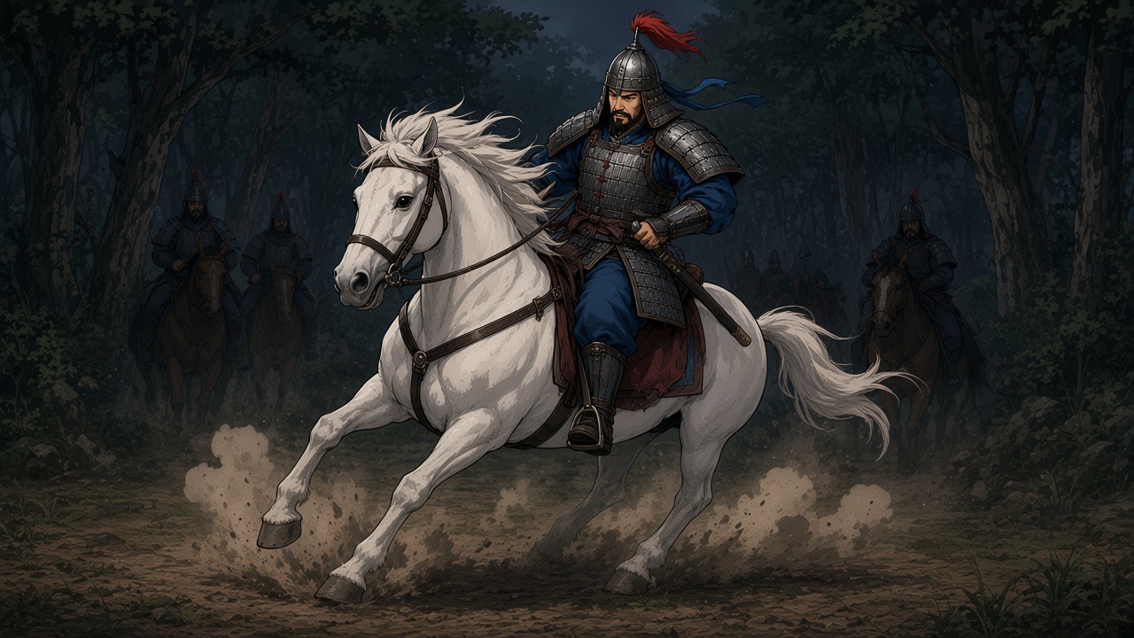 A white horse STOPS hard: hind legs planted, front hooves skidding, dust, the rider Kim Yushin leaning back in the saddle.