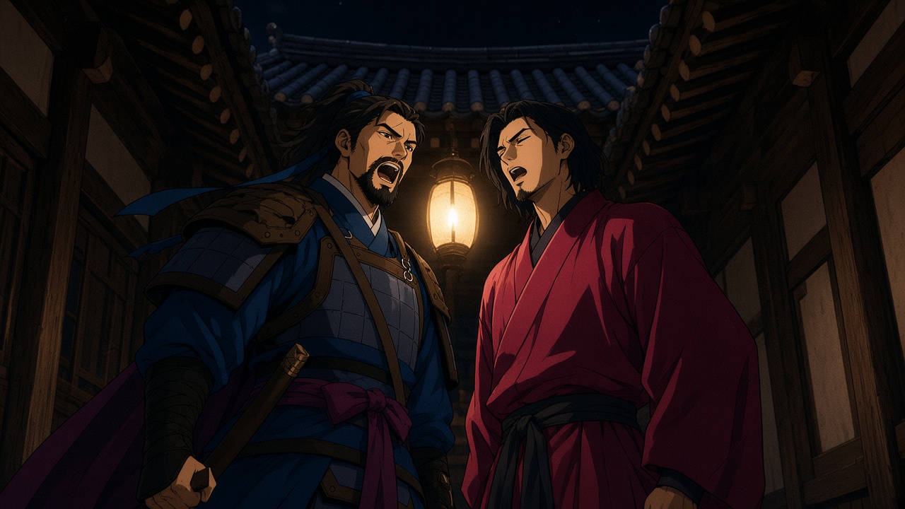Yushin and Chunchu in a lantern-lit alley