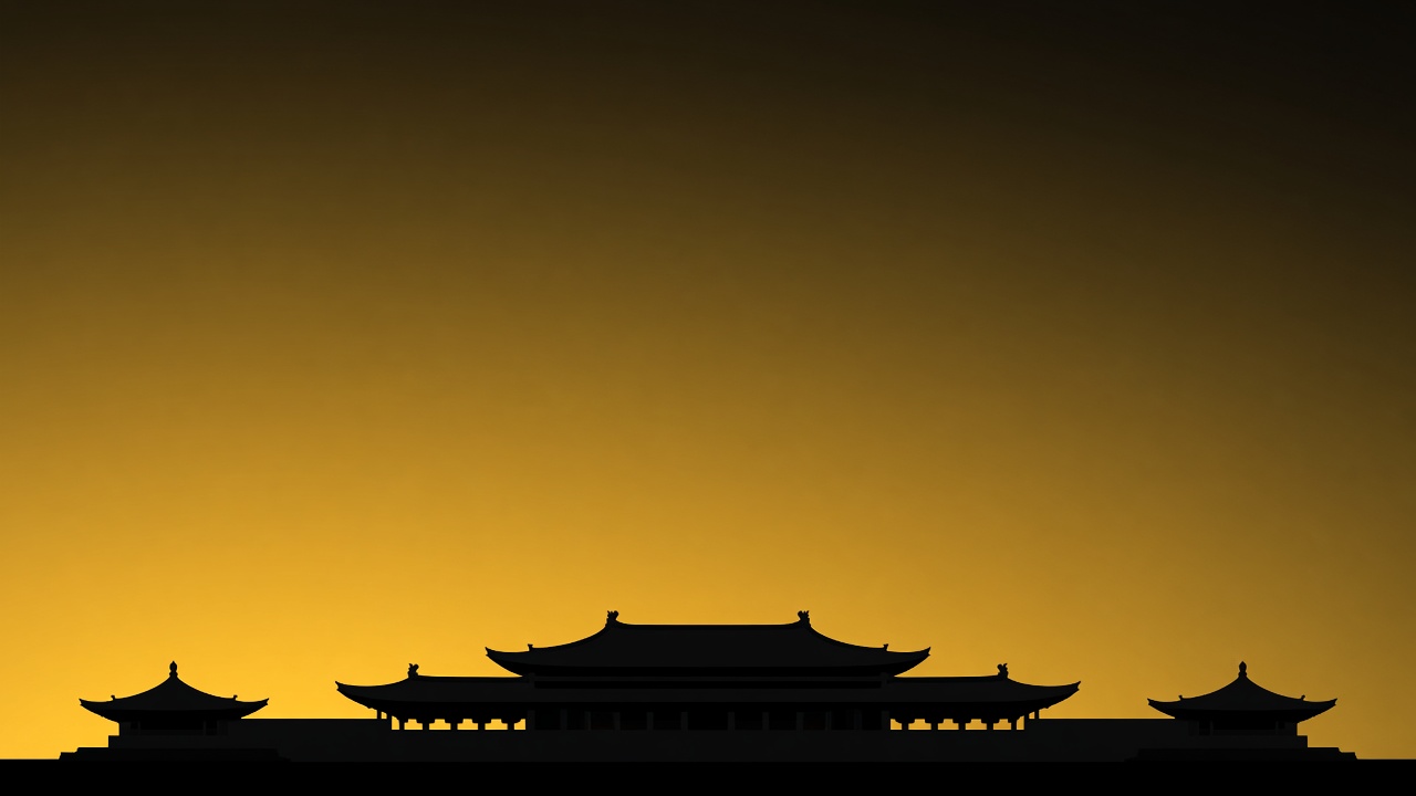 Palace silhouette against golden sky - minimal iconic outline of Tang architecture with vast negative space