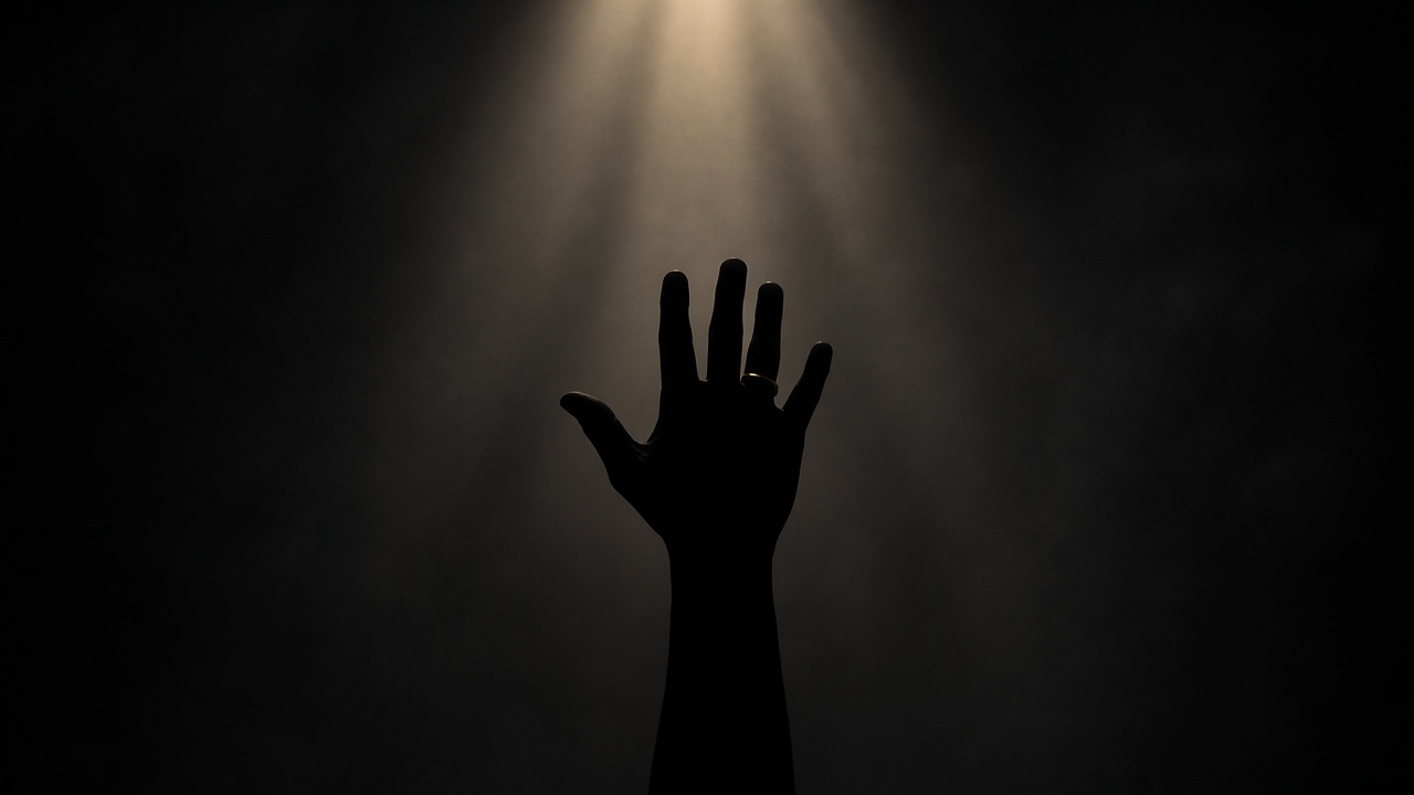 Single hand gesture commanding in dramatic light - minimal iconic symbol of Tang imperial decree and authority