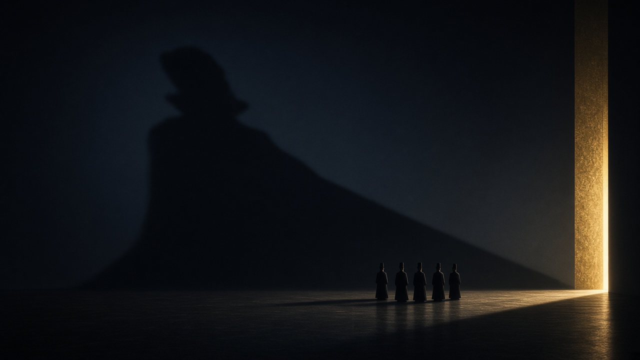 Emperor's shadow cast over ministers - minimal iconic symbol of power through absence and dramatic negative space