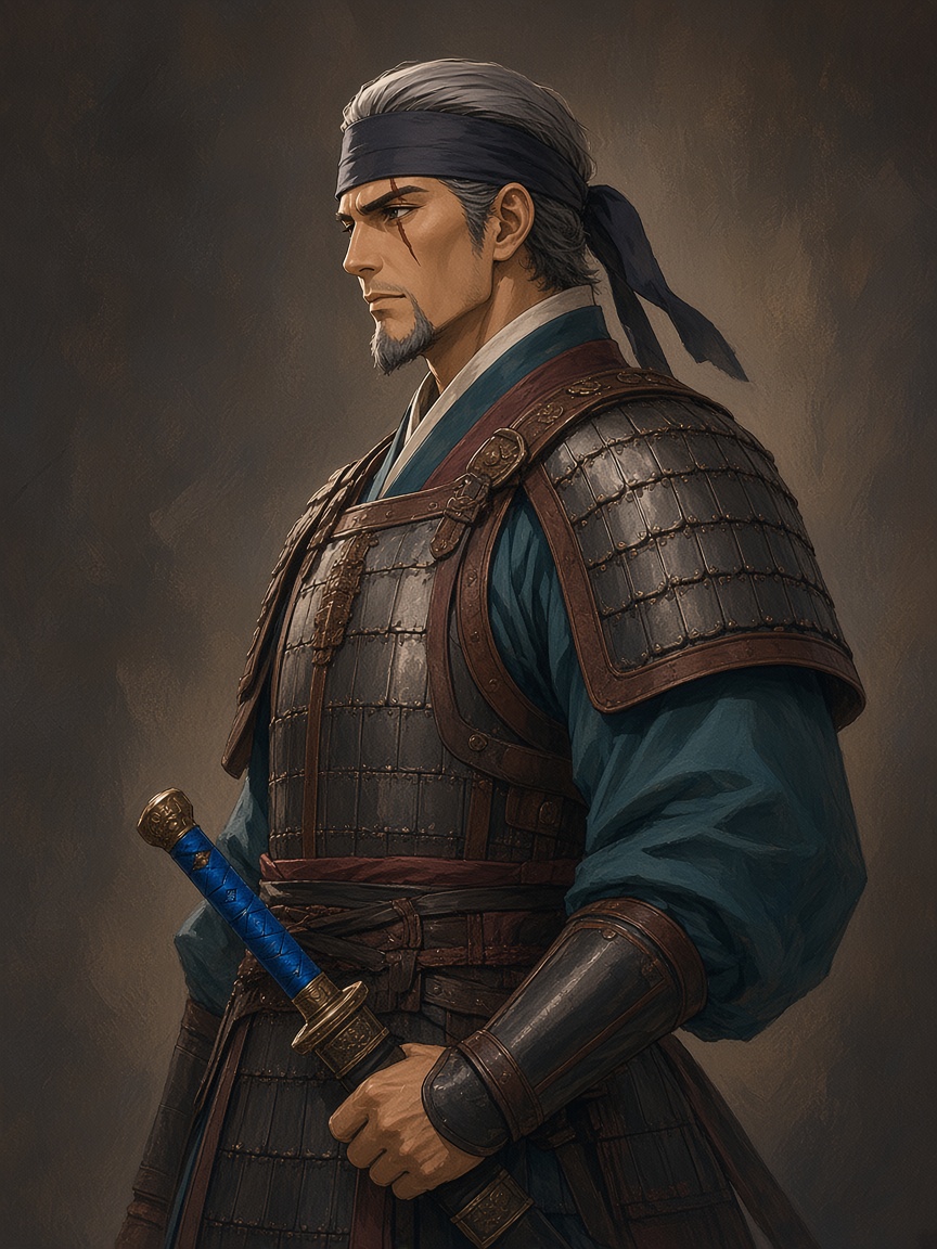 General Alchun with hand on undrawn sword - ready restraint and loyalty