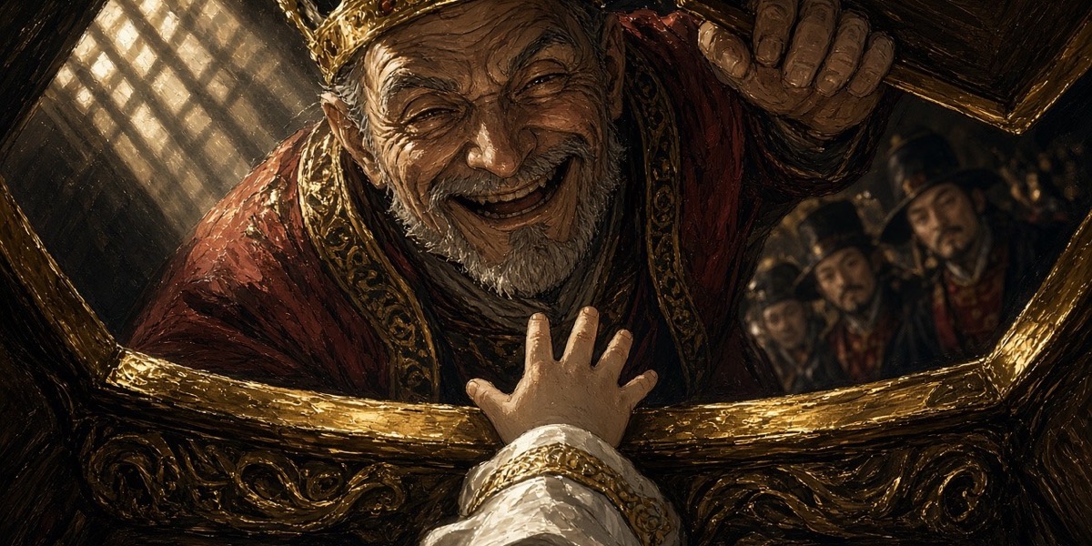 The old king Talhae crouches over the opened golden box, grinning; the small boy inside looks back at him as if the king were the strange one