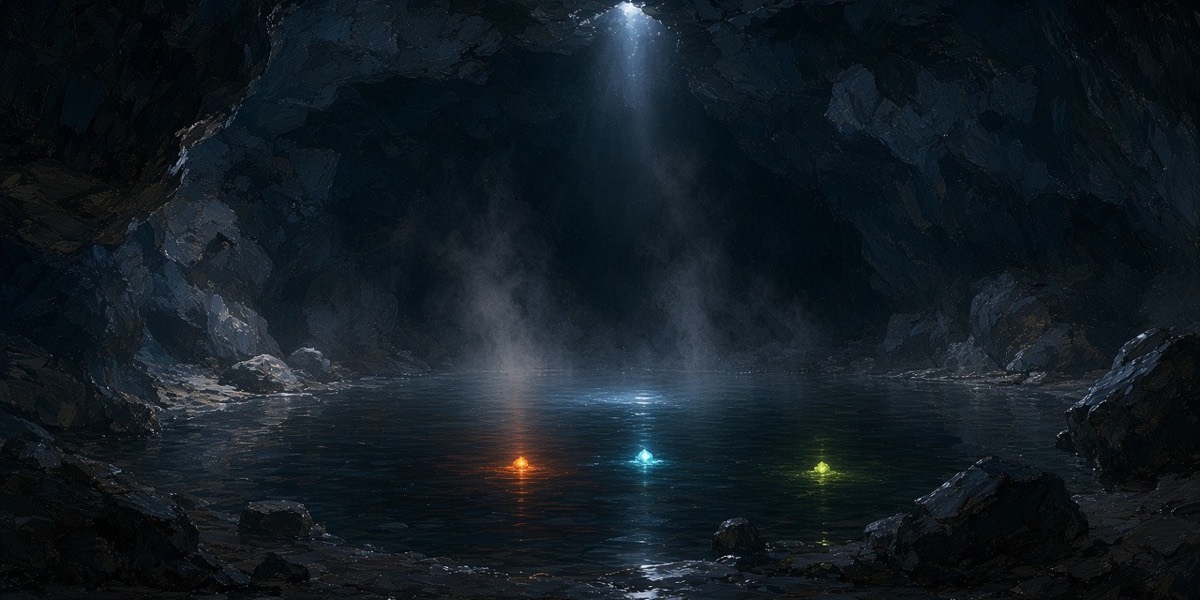 Under the hill: the empty steam cavern, one plume rising off black water into a crack of light
