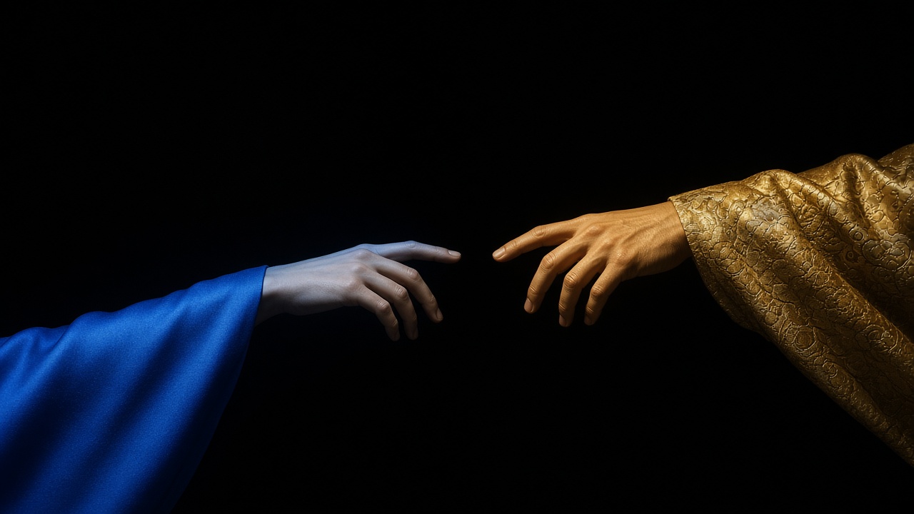 Two hands reaching toward each other - Silla blue sleeve and Tang gold brocade - alliance gesture
