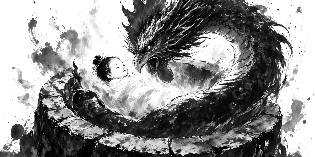 A chicken-dragon coils at Alyeongjeong well; a baby girl comes from its rib
