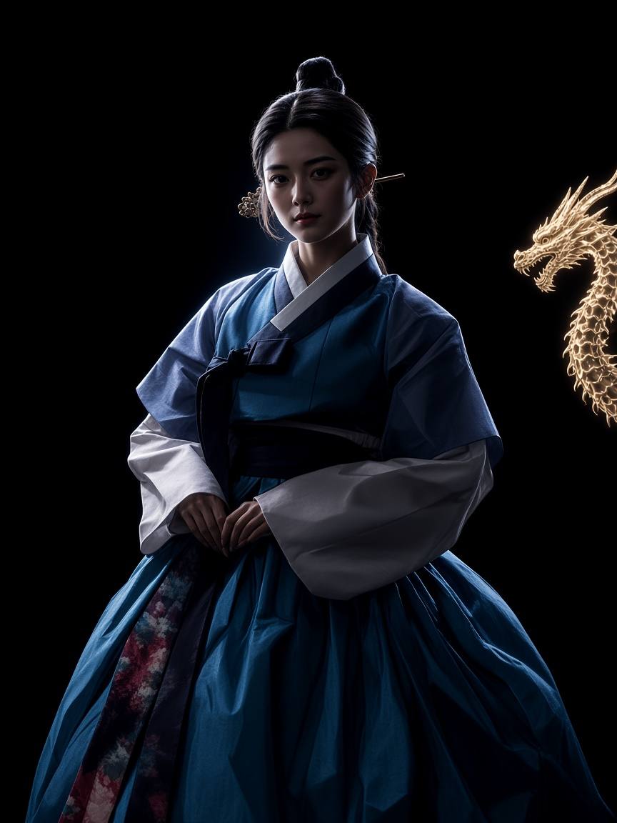 Photoreal Lady Alyoung mostly in shadow, a chicken-dragon rib as a gold-white bone-arc