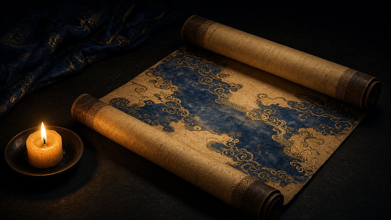 Ancient Korean scroll unfurling dramatically with blue and gold calligraphy by candlelight