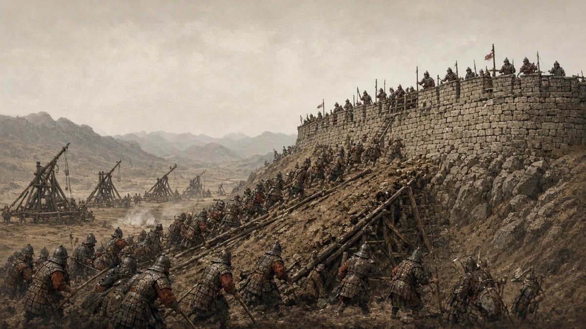 Tang earthen siege ramp climbing Ansi’s stone wall, catapults and crews, Goguryeo on the parapet