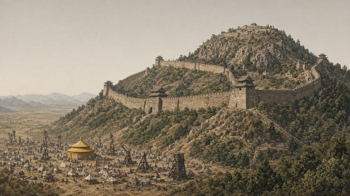 Ansi mountain fortress on a Liaodong hill — stone walls, Tang siege camp and catapults in the valley below