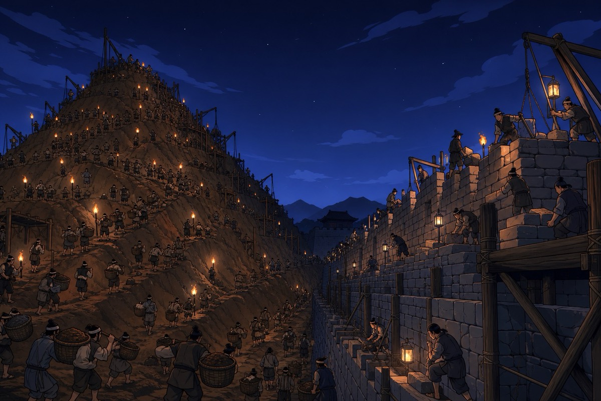 The earthen mountain rises over Ansi's south wall after sixty days of hauling