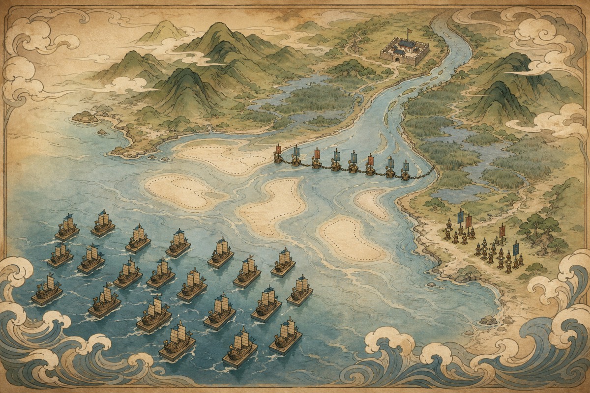 Map of the White River mouth — Tang ships anchored across the throat, the eastern fleet coming in on the tide