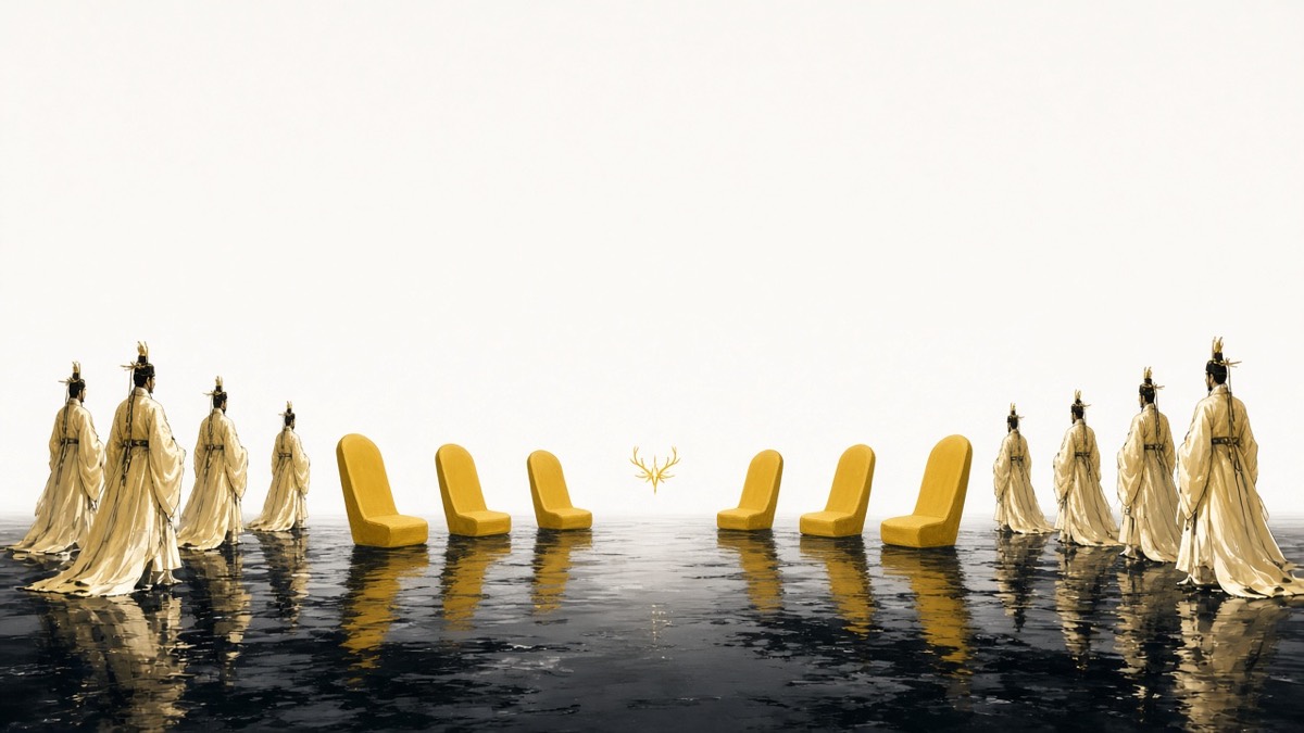 Eight yellow empty seats in a broken arc around a vacant center — tiny silky Baekje court silhouettes, one deer-crown spark
