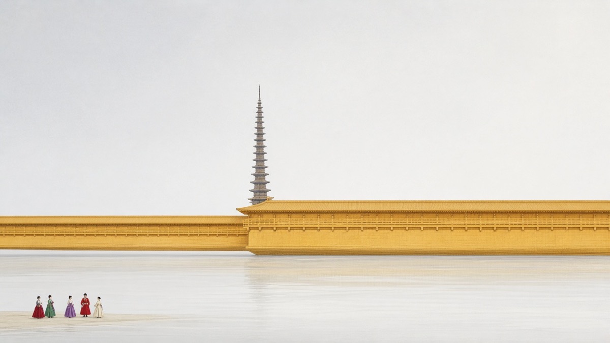 Sabi as one yellow wooden palace-bar above a flat pale river — pagoda a single vertical accent, empty water, tiny silky court figures