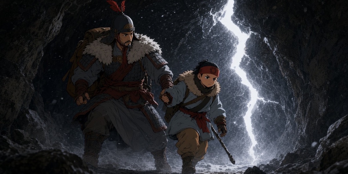 From inside the dark cave: a jagged slit of white blizzard and two fur-wrapped figures ducking in out of the storm