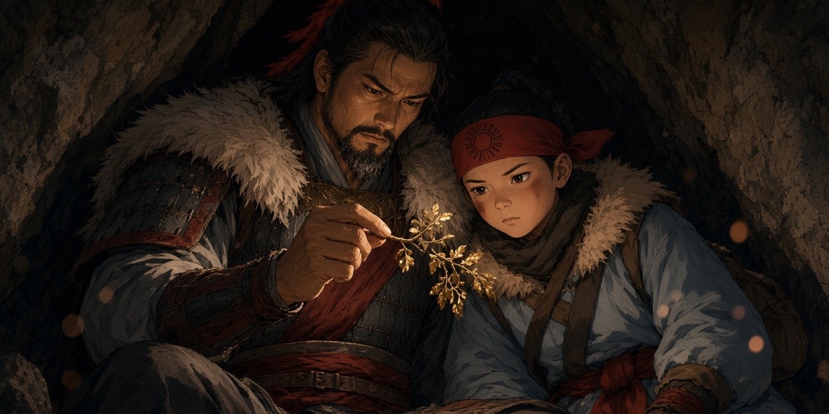 Back in the cave: Gulgul turns the gold branch over in the coal light, his son asleep-eyed against his side