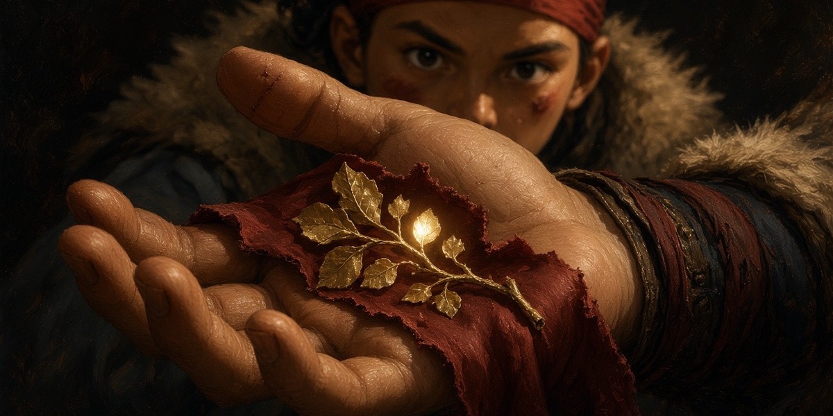Close on Gulgul's calloused palm: red silk falling open on a finger-length gold branch torn from the Goguryeo crown
