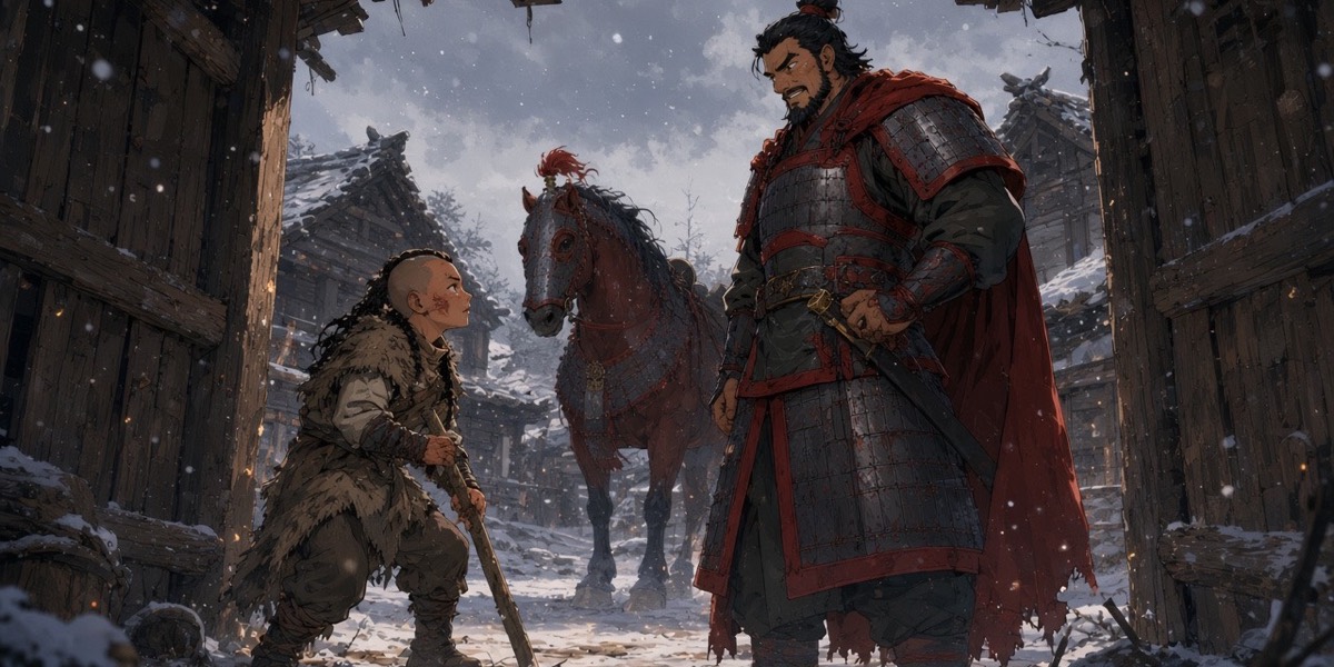 Memory, 634: a Mohe boy with shaved crown and braids holds a stick to the chest of Yeon Gesomun in the doorway of a burned house