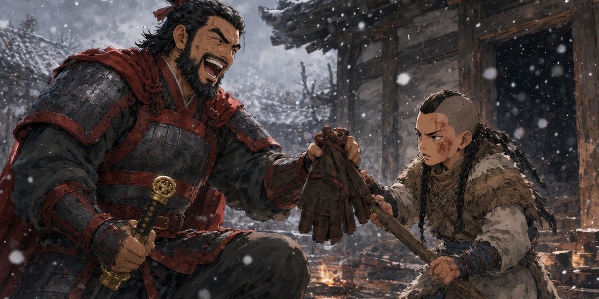 Memory, 634: Yeon Gesomun laughs and holds out his big leather gloves to the defiant Mohe boy