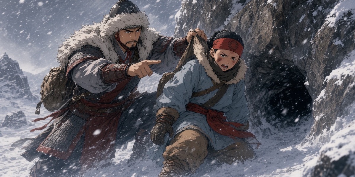In a blizzard, Gulgul hauls his son up out of a thigh-deep drift by the collar beneath a black crag