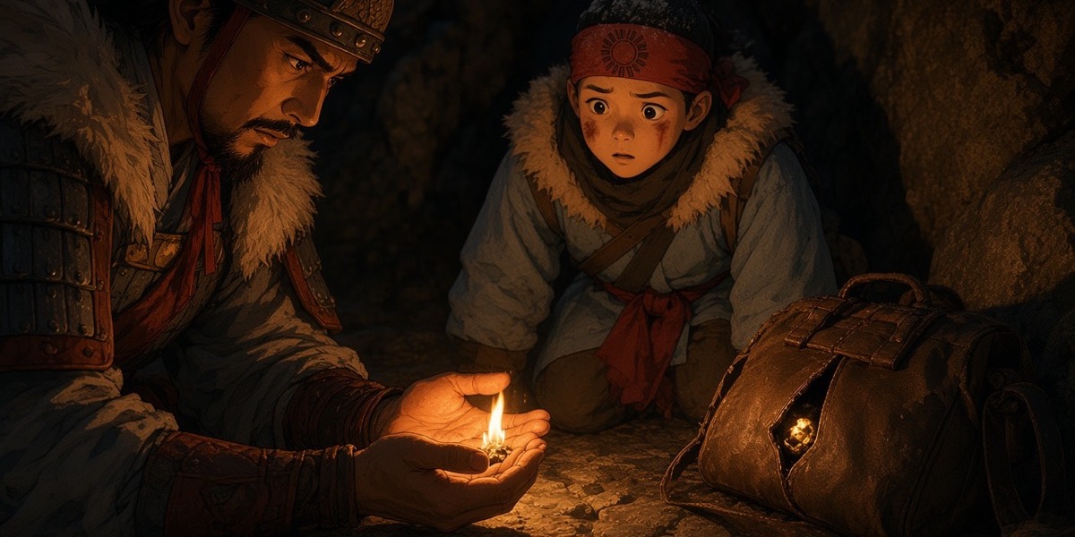By a tiny fire in the cave, the boy's eyes catch a gold glint through a split seam in his father's pack