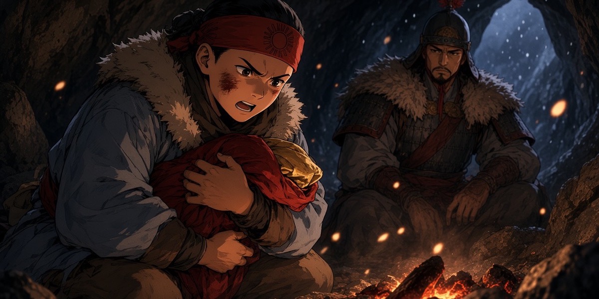 The boy Joyoung kneels at the last coals holding the red-silk bundle, face lit from below, saying the words