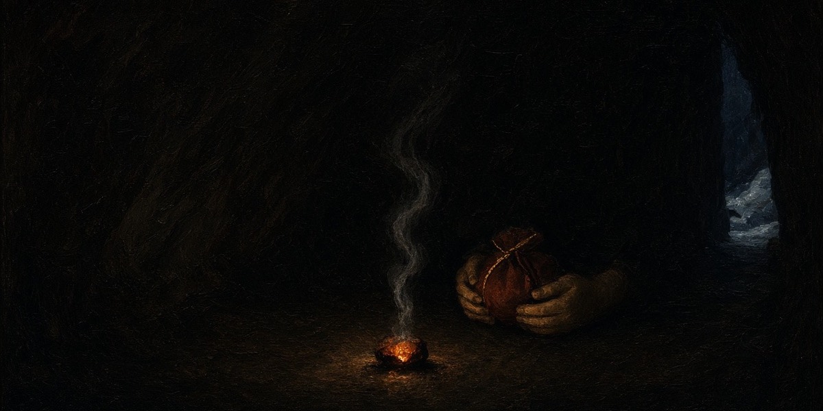 Almost black: one last coal and a thread of smoke, the faint gold edge of the bundle, before the cut to black