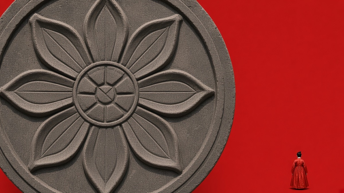 A single Balhae lotus eave-tile as a huge circular medallion on a red void