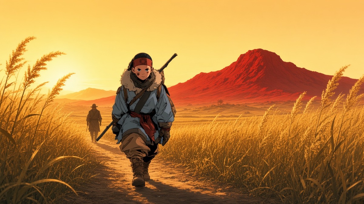 Dae Jo-yeong as a boy on the millet road, red headband, father a step behind, north ridge