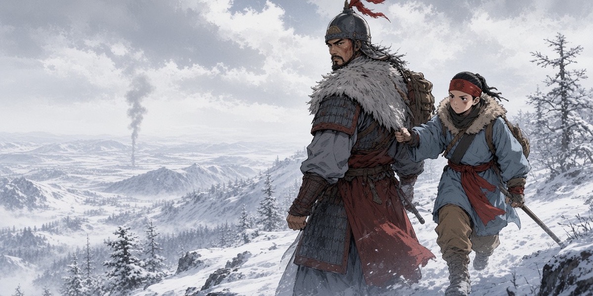 Gulgul stops on a snowy ridge and looks back south at a thin column of smoke on the horizon, the boy tugging his sleeve