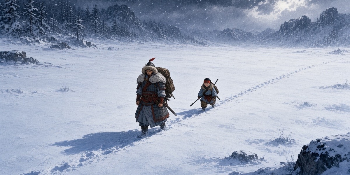 A vast Manchurian snowfield under a storm sky, one line of footprints leading two tiny fur-wrapped figures north