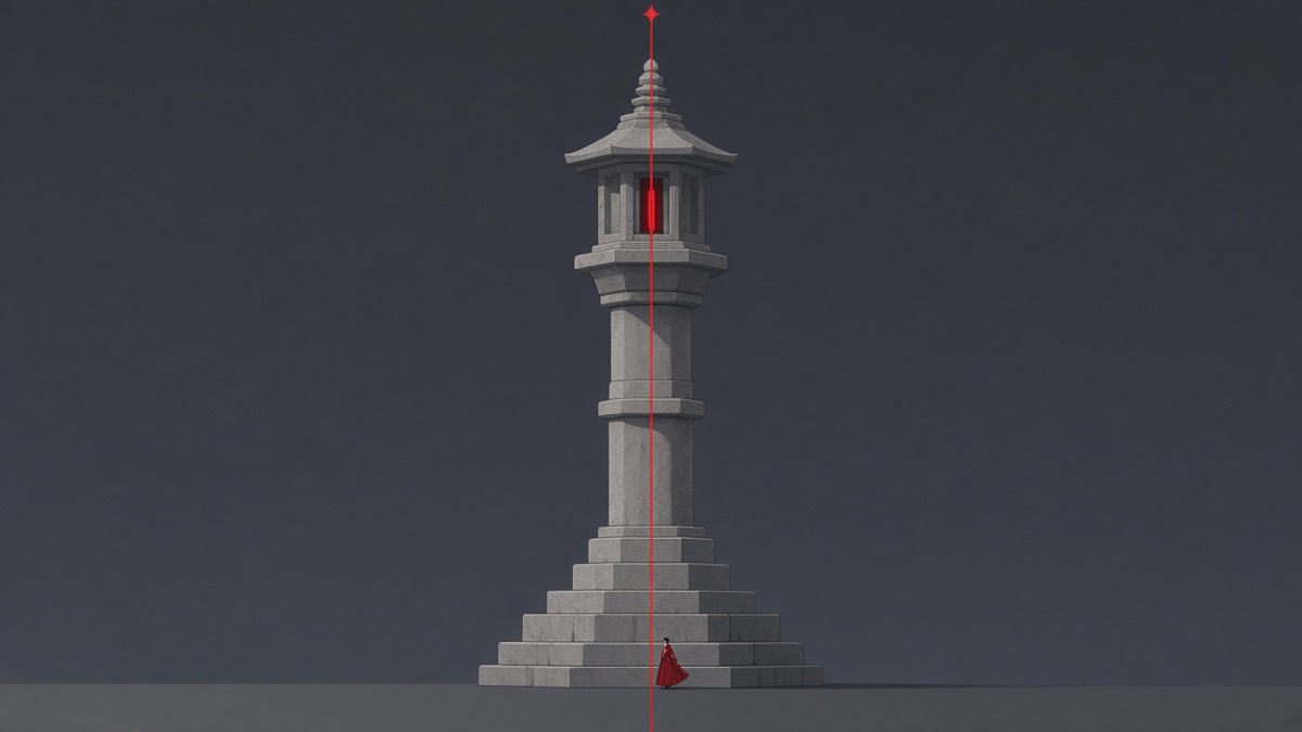Balhae stone lantern as a thin octagonal column in a red northern void
