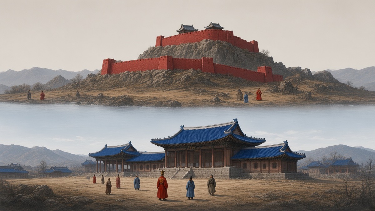 Two courts after the war: Silla blue south, Balhae red north, one pale sea between