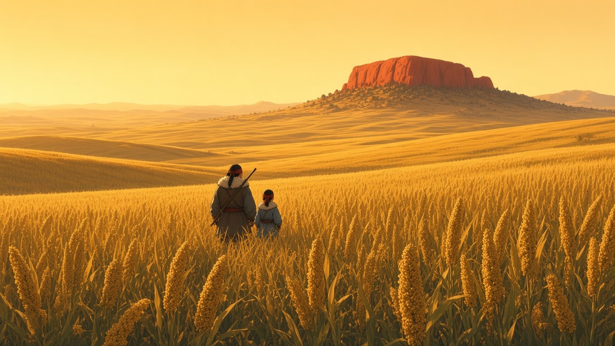 Wide northern millet plain at dawn — one red mountain-keep, tiny father and son walking north