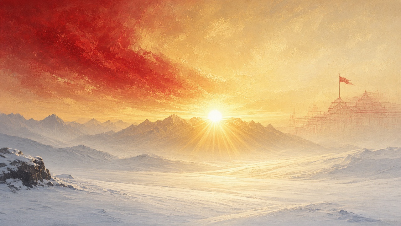 Sun rising over snowy mountains with Goguryeo red in the sky - Goguryeo rises again as Balhae