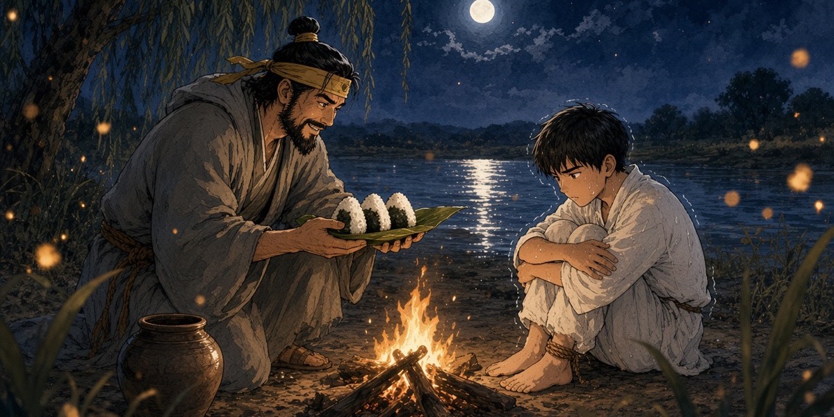 Moonlit bank: Euija in a grey hood holds out rice balls in a leaf to the shivering boy, a jar unopened at his feet