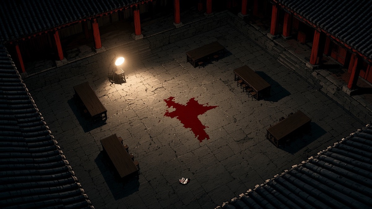 Bird’s-eye: Pyongyang banquet flagstones as a red #C30000 pool-plane, tiny overturned silk