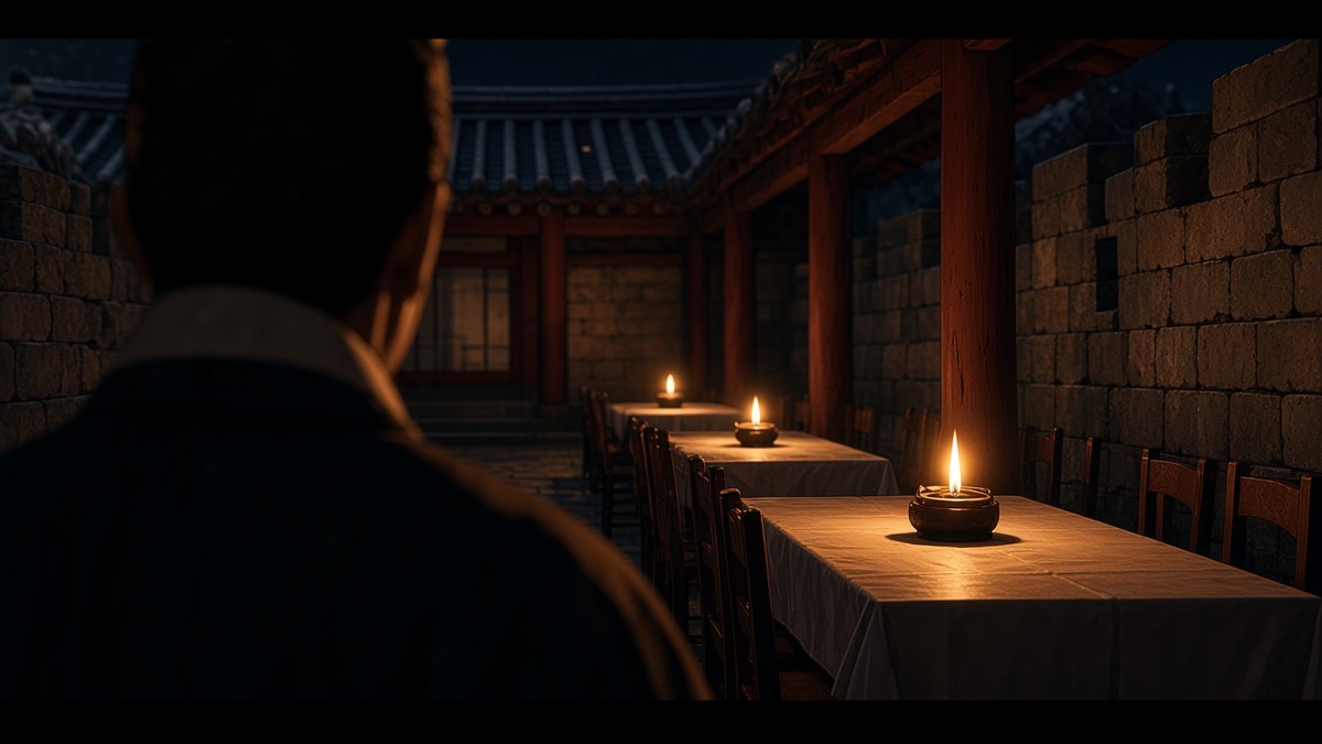 OTS insert: oil lamps and silk before the knives in a Pyongyang timber hall