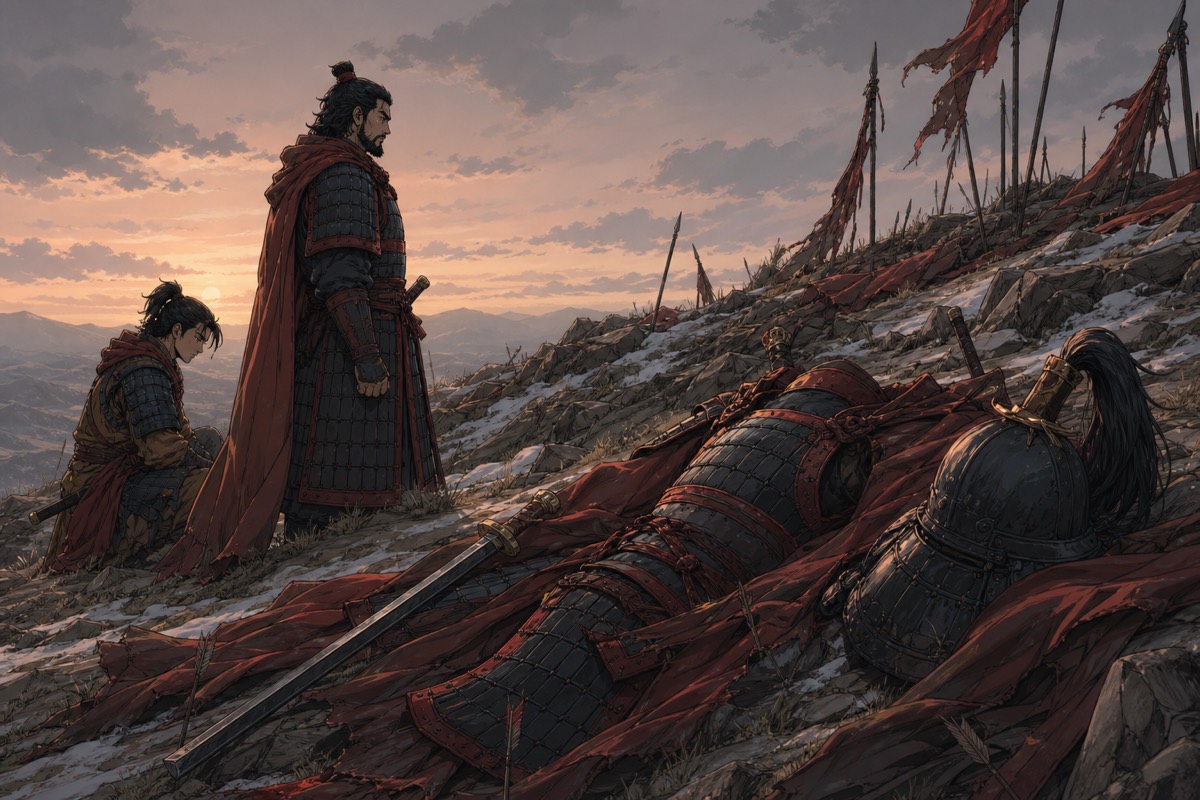A Mohe child sits beside a slain warrior on the bloodied rocks of his village