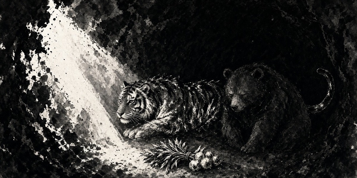 A bear and a tiger crouch in the cave with mugwort and garlic