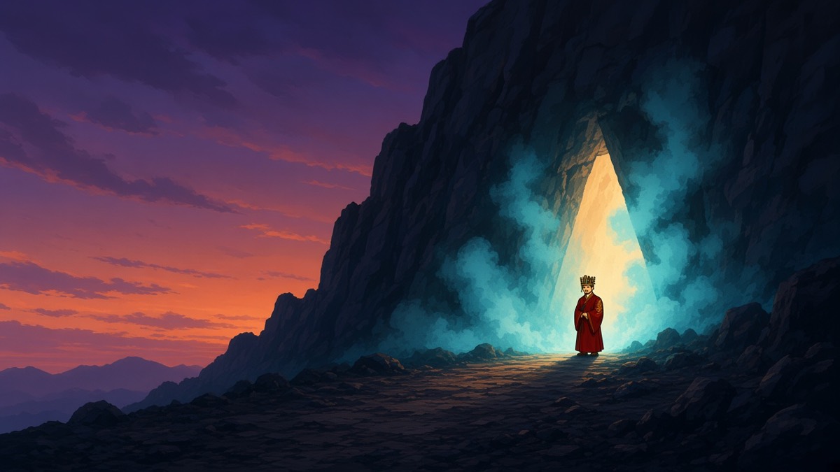 Munmu at the cave mouth — dusk cliff behind, cyan steam ahead, the first time he enters