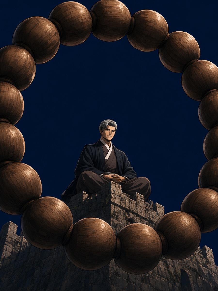 Worm’s-eye through a giant bead-ring — small Bidam meditating, Radiance stone