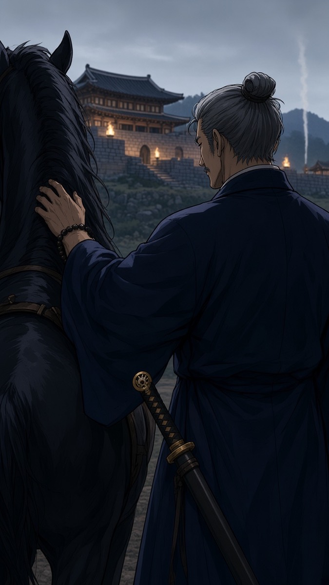 Bidam on the Radiance lines with his hand on his horse Bisamun’s neck, beads put away, watching a thin smoke rise over the Moon Palace far off